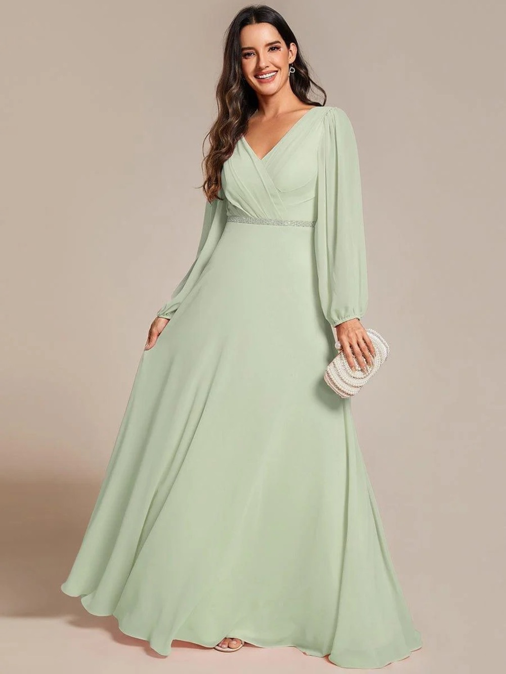 Mint Green A line See through long sleeves shiny belt long evening dress size 24